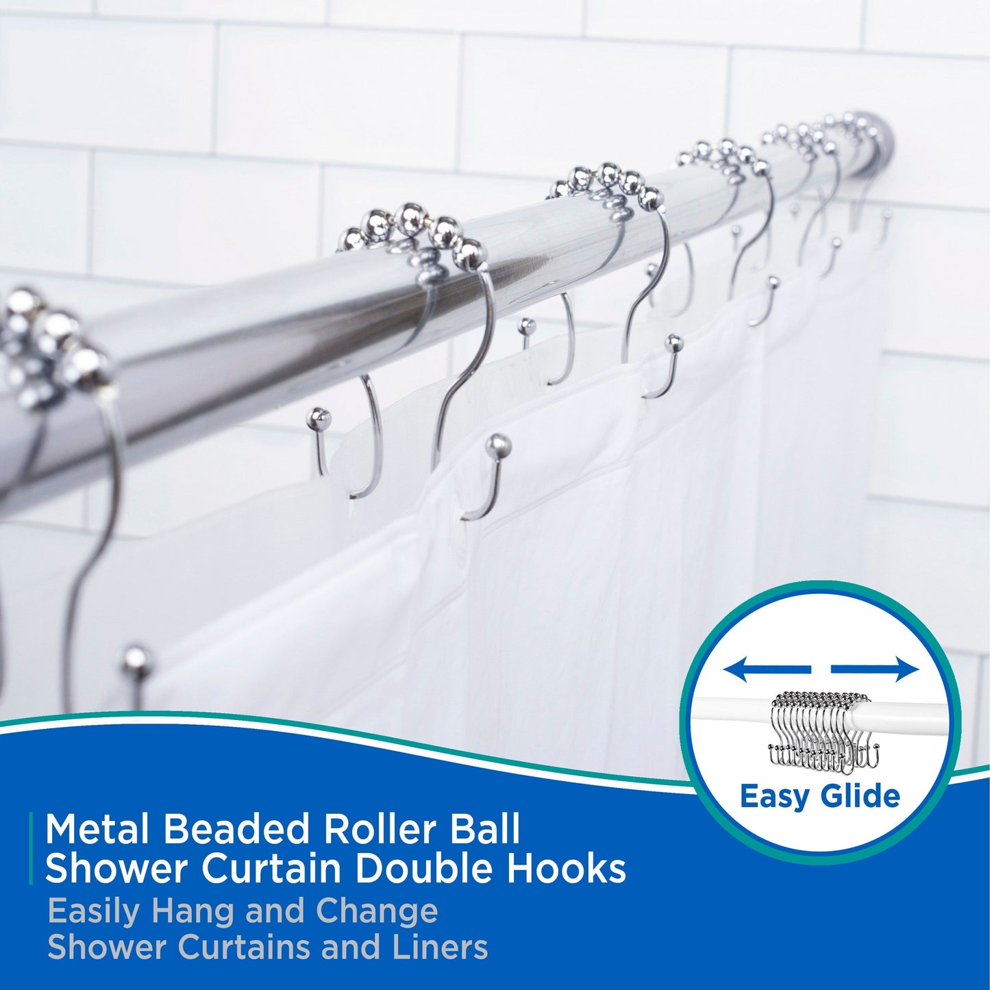 Kenney Beaded Roller Shower Curtain Double Hooks, Set of 12