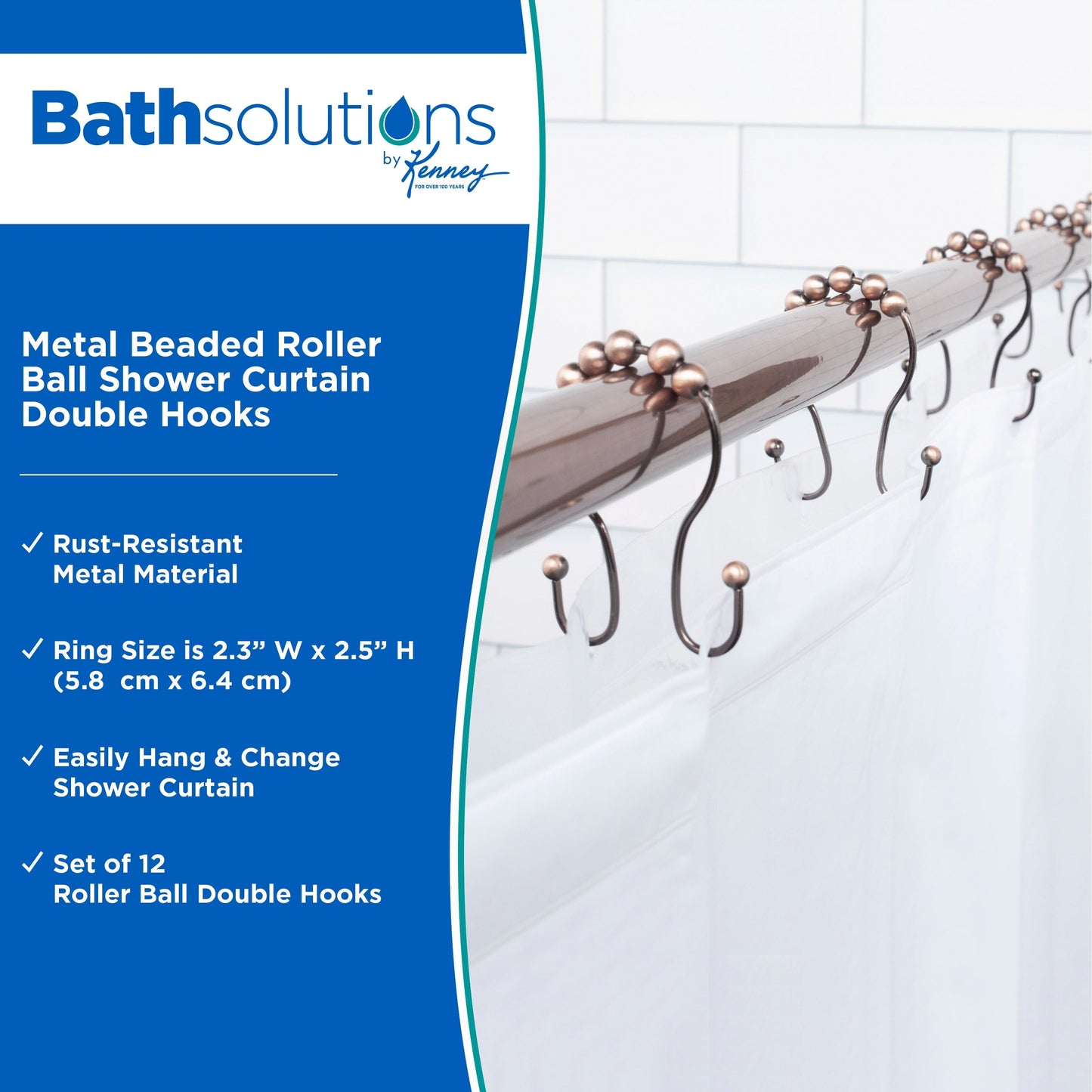 Kenney Beaded Roller Shower Curtain Double Hooks, Set of 12