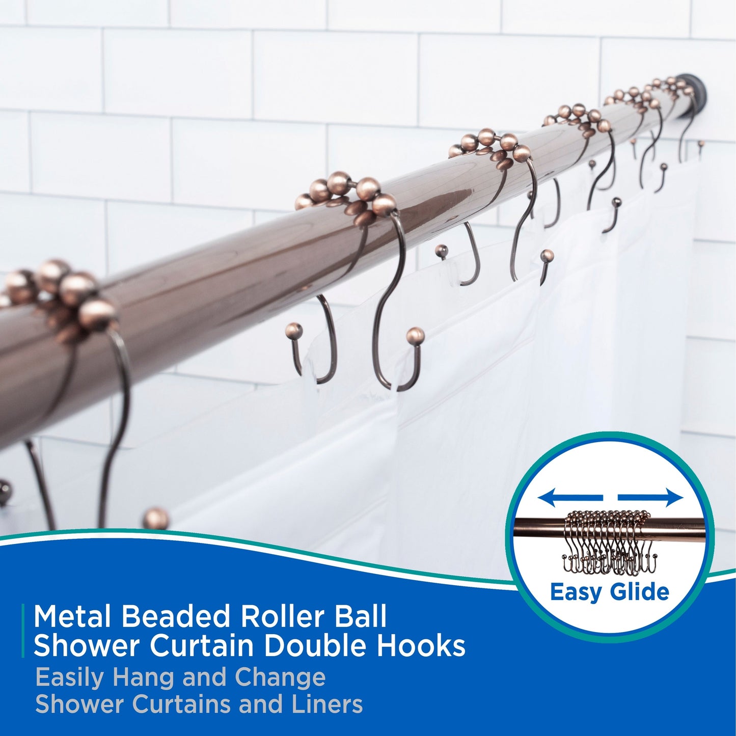 Kenney Beaded Roller Shower Curtain Double Hooks, Set of 12