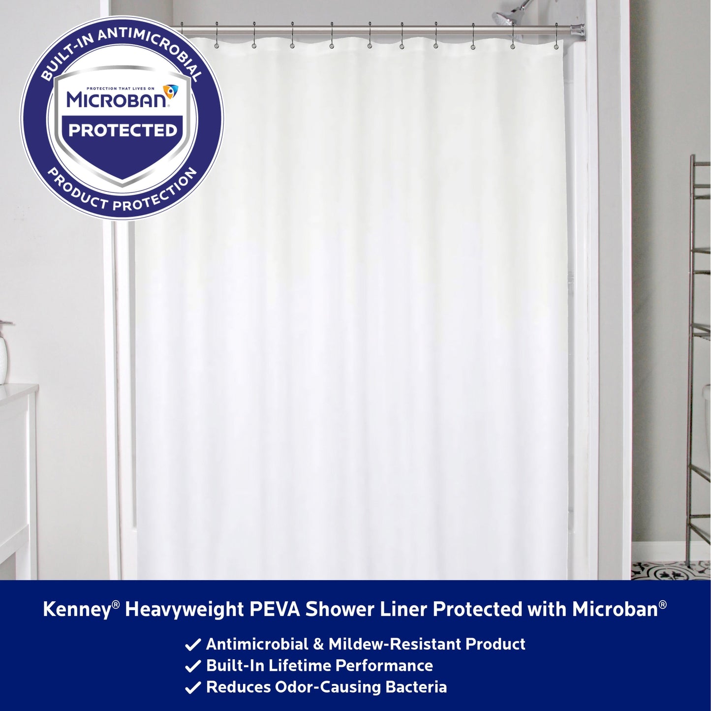 Kenney Microban Protected Heavyweight PEVA Shower Liner, 70 W x 72 H