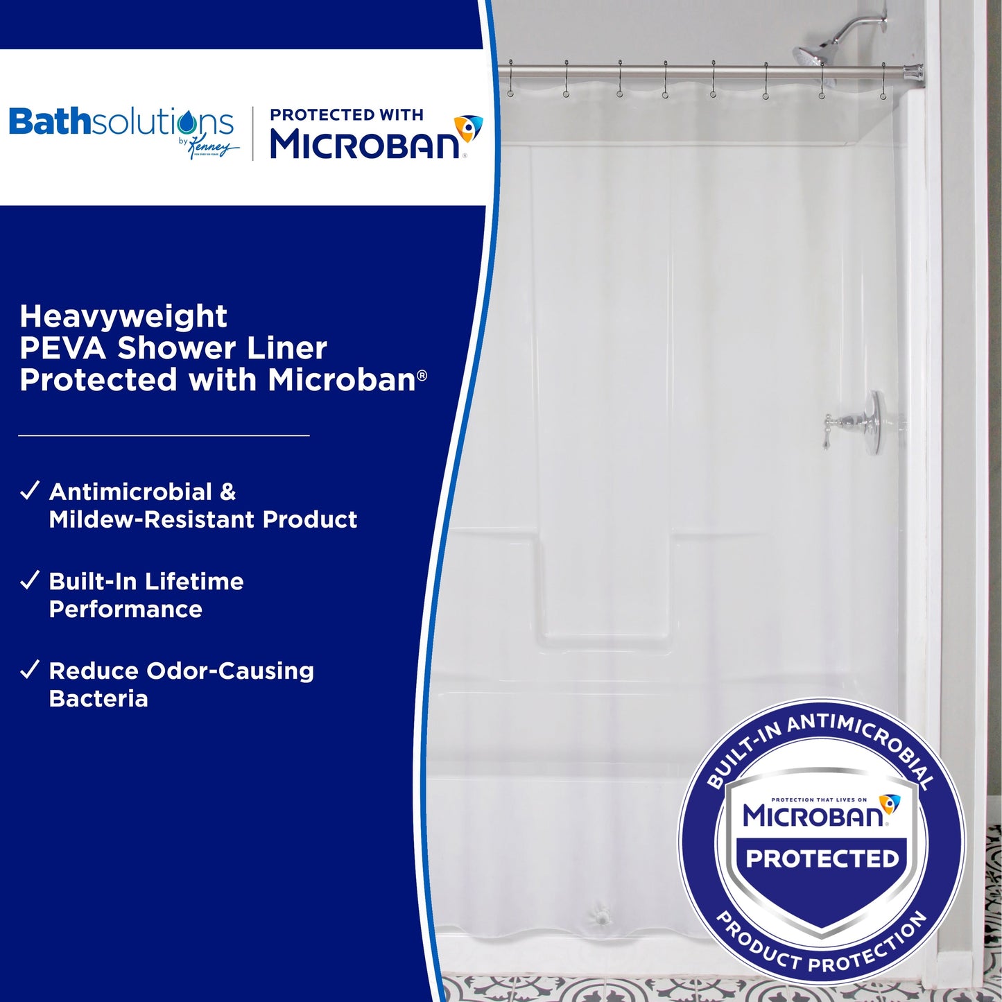 Kenney Microban Protected Heavyweight PEVA Shower Liner, 70 W x 72 H