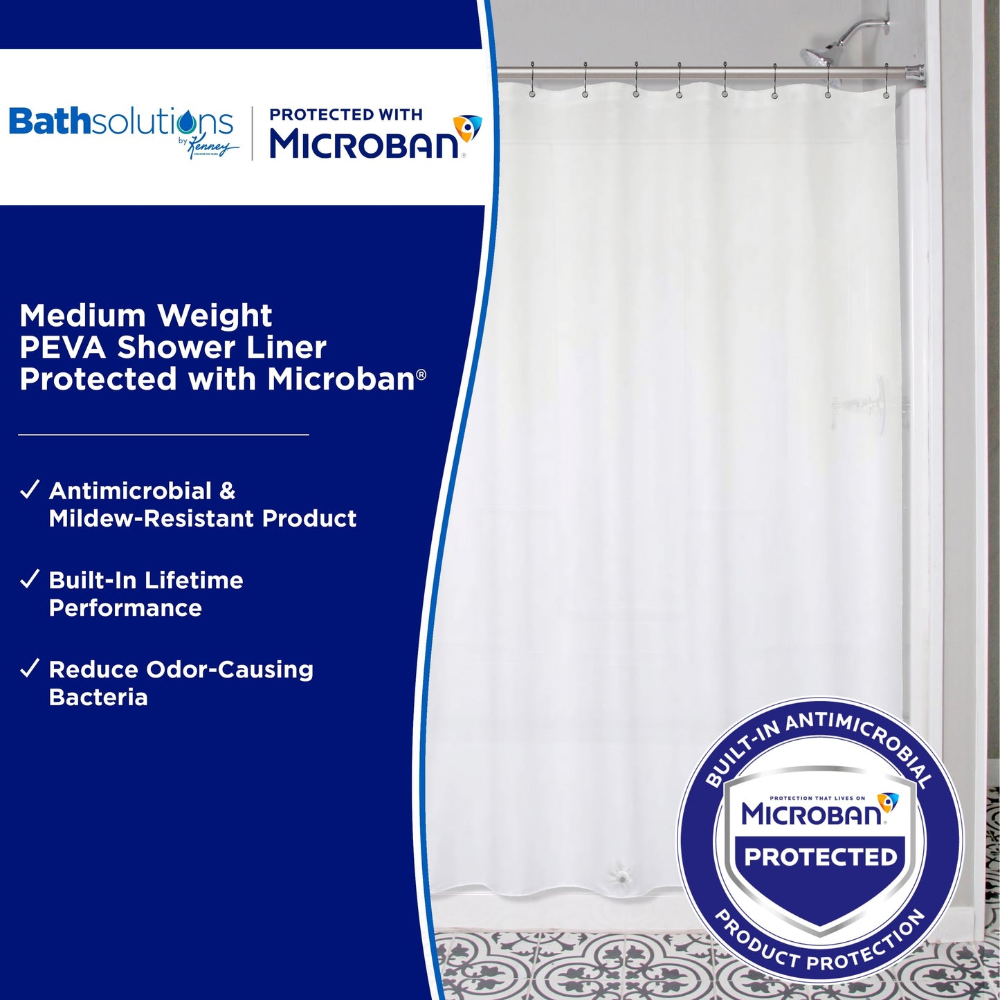 Kenney Microban Protected Medium Weight PEVA Shower Liner, 70 W x 72 H