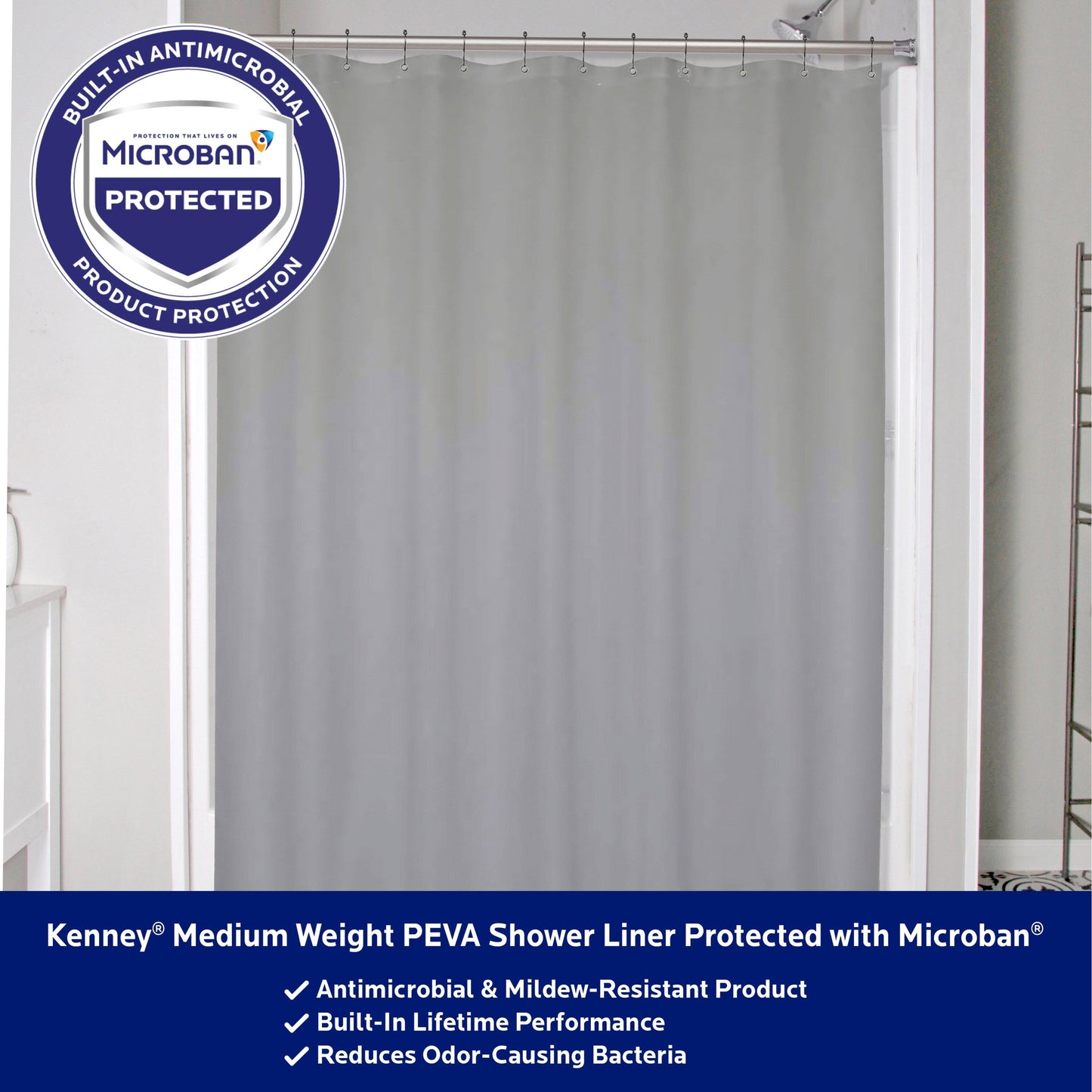 Kenney Microban Protected Medium Weight PEVA Shower Liner, 70 W x 72 H