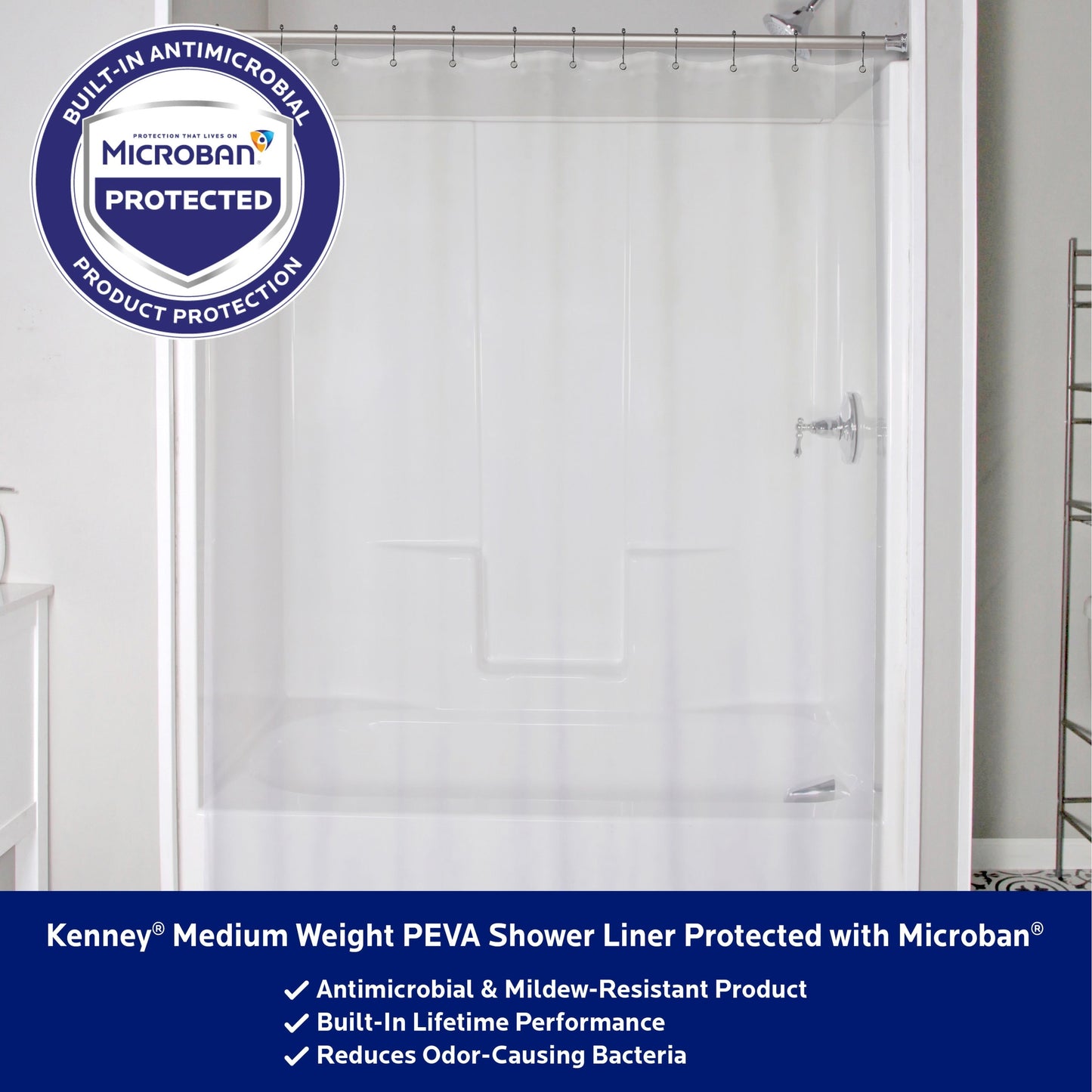 Kenney Microban Protected Medium Weight PEVA Shower Liner, 70 W x 72 H