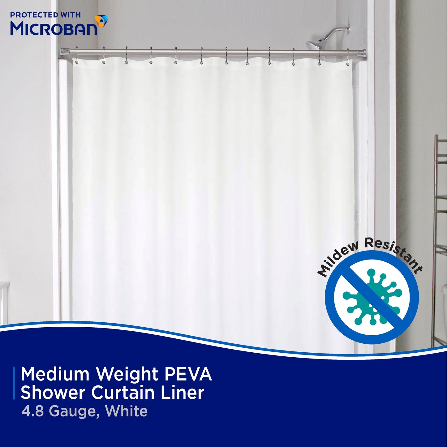 Kenney Microban Protected Medium Weight PEVA Shower Liner, 70 W x 72 H