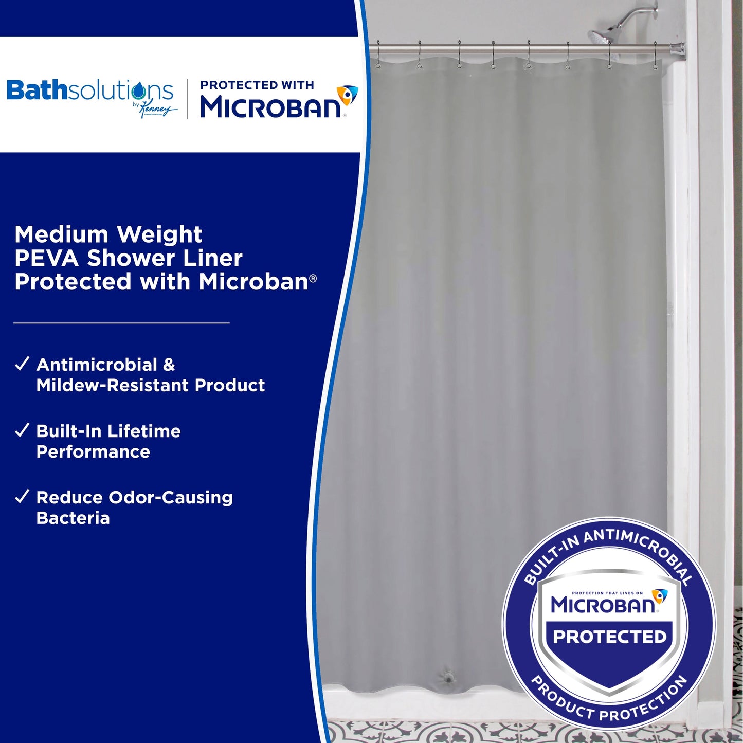 Kenney Microban Protected Medium Weight PEVA Shower Liner, 70 W x 72 H