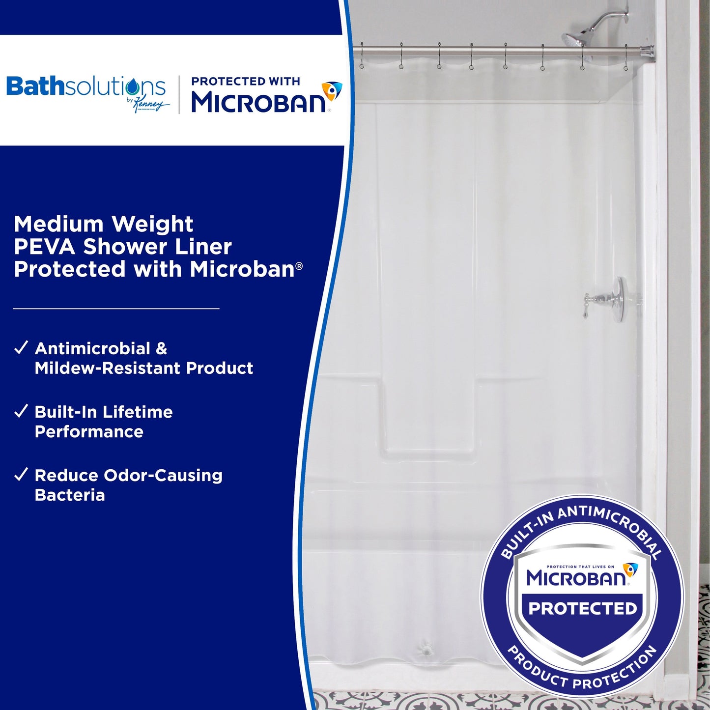 Kenney Microban Protected Medium Weight PEVA Shower Liner, 70 W x 72 H