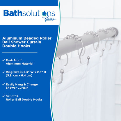 Kenney Rust-Proof Beaded Roller Shower Curtain Double Hooks, Set of 12 - Matte Grey