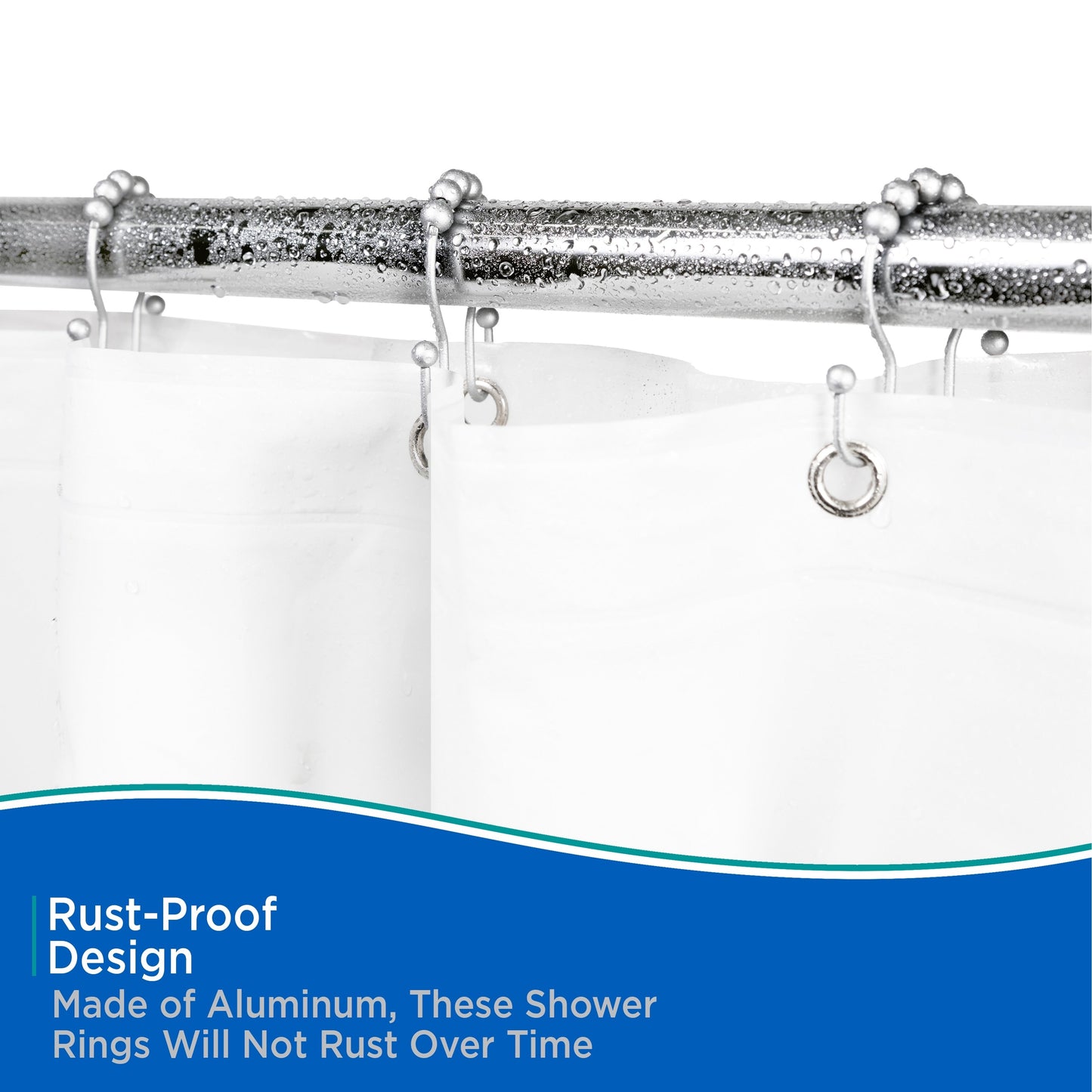 Kenney Rust-Proof Beaded Roller Shower Curtain Double Hooks, Set of 12 - Matte Grey