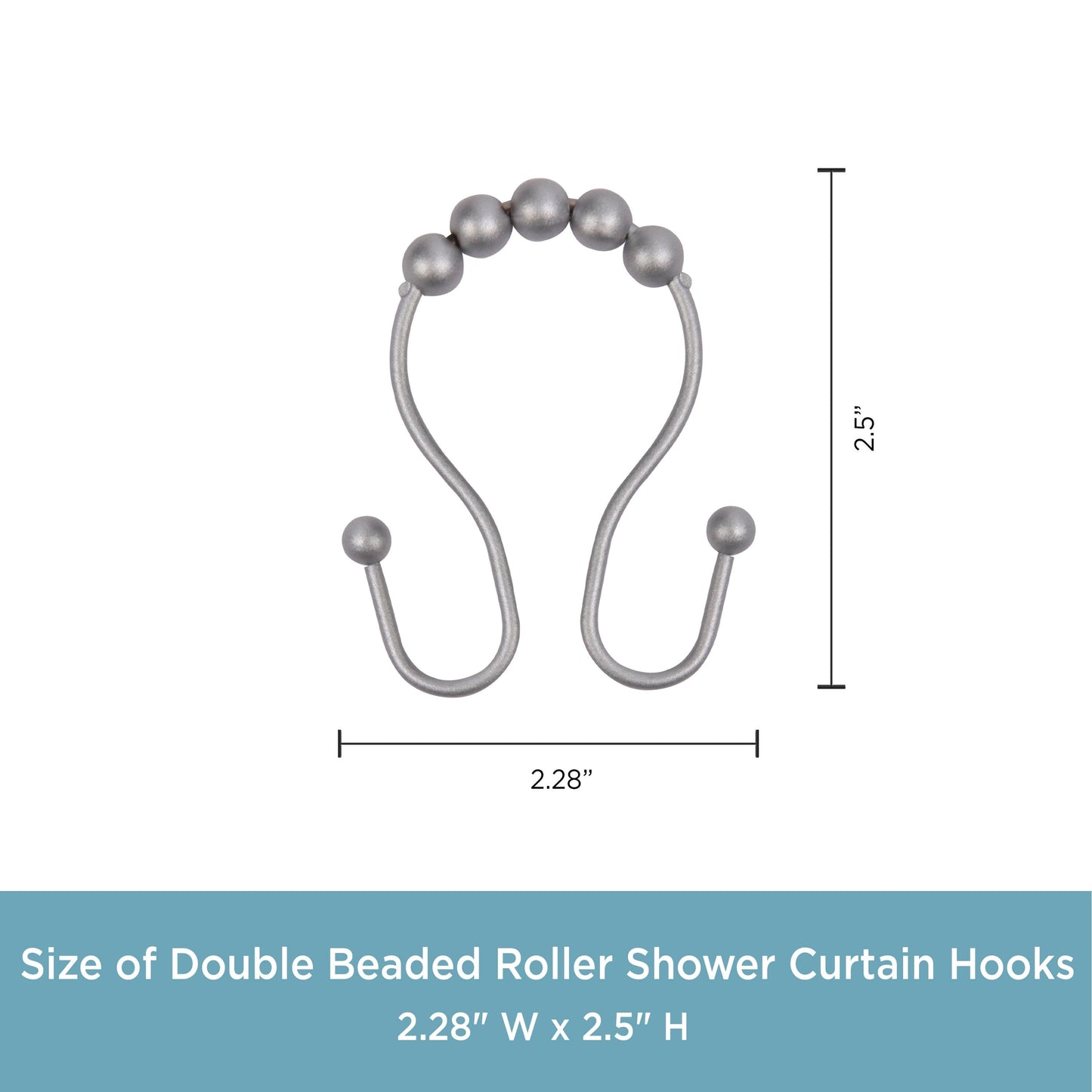 Kenney Rust-Proof Beaded Roller Shower Curtain Double Hooks, Set of 12 - Matte Grey