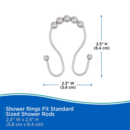 Kenney Rust-Proof Beaded Roller Shower Curtain Double Hooks, Set of 12 - Matte Grey