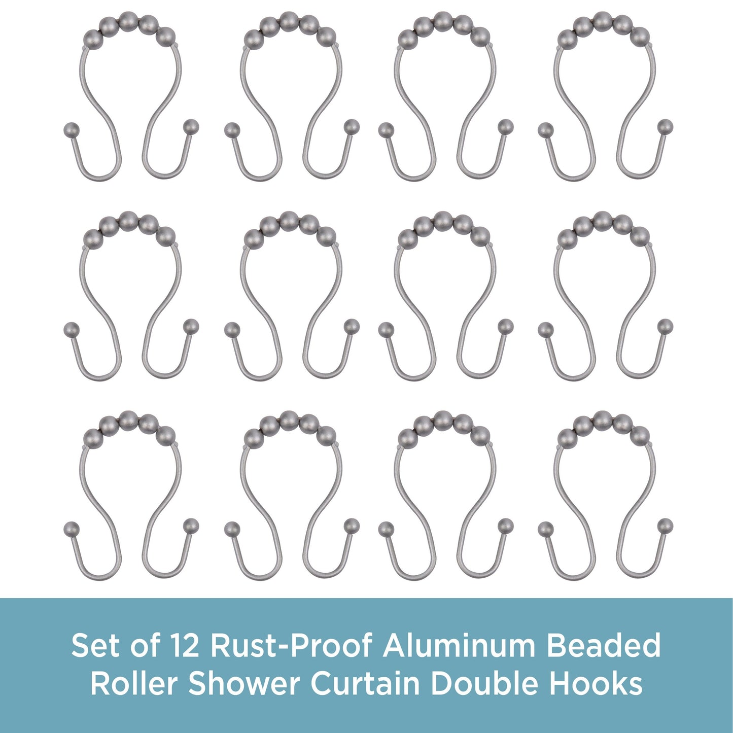 Kenney Rust-Proof Beaded Roller Shower Curtain Double Hooks, Set of 12 - Matte Grey
