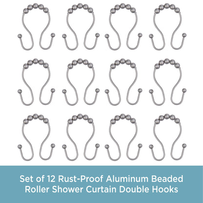 Kenney Rust-Proof Beaded Roller Shower Curtain Double Hooks, Set of 12 - Matte Grey