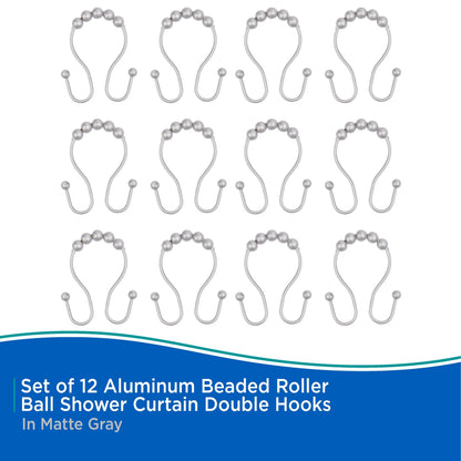 Kenney Rust-Proof Beaded Roller Shower Curtain Double Hooks, Set of 12 - Matte Grey