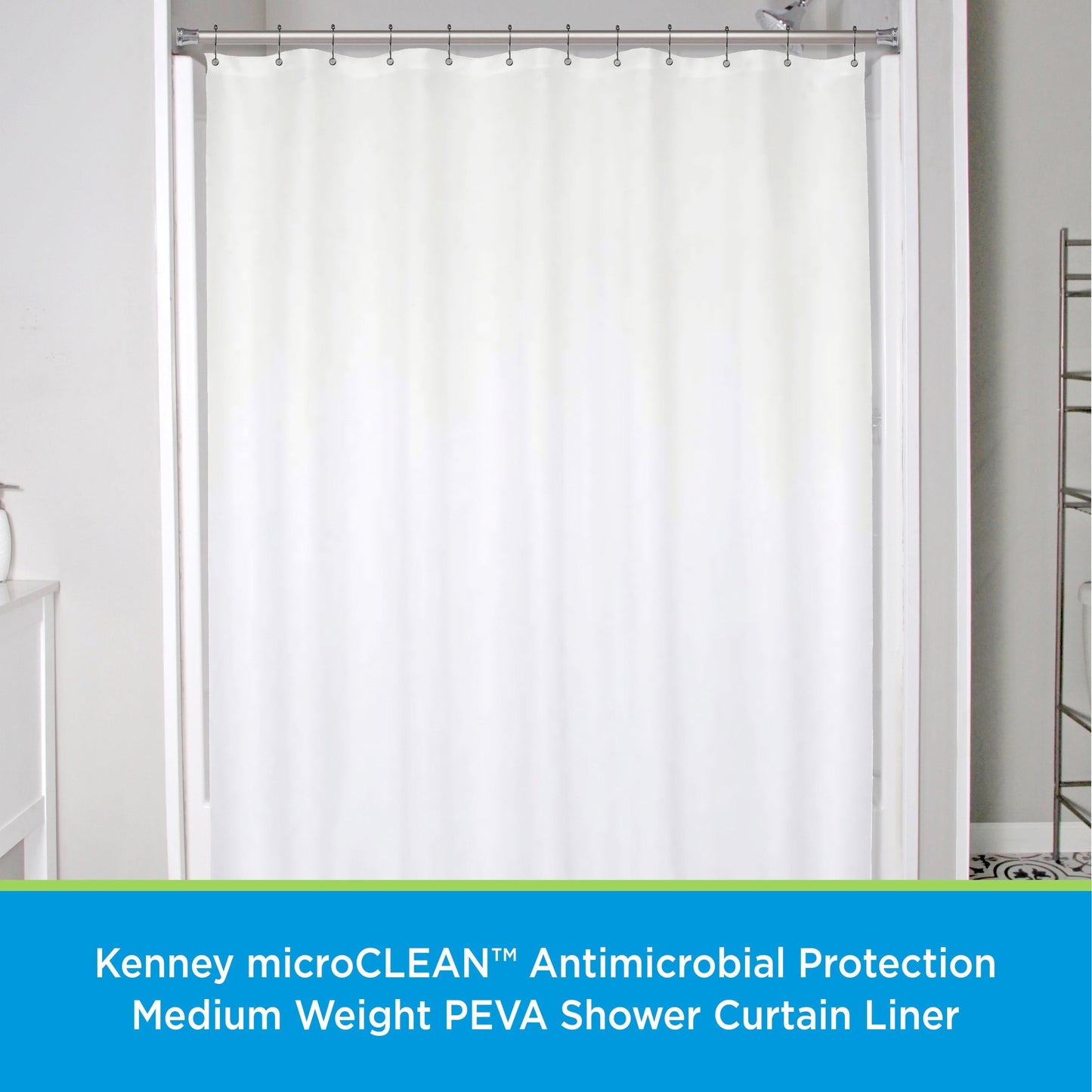 Kenney microCLEAN Antimicrobial Protection Medium Weight PEVA Shower Curtain Liner, 70 W x 72 H