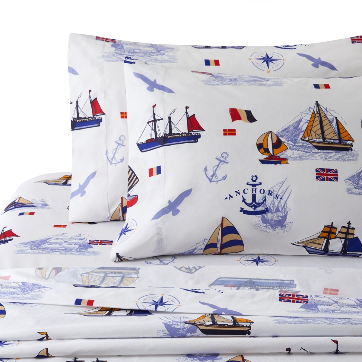 Kids Boys Printed 600 Thread Count Cotton Blend Percale Duvet Cover Fitted Sheet Ensemble Bedding Set, Nautical Sailing Boat