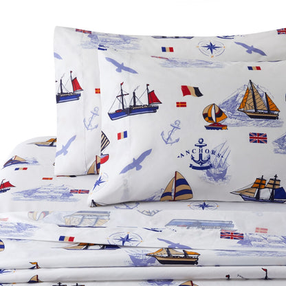 Kids Boys Printed 600 Thread Count Cotton Blend Percale Duvet Cover Fitted Sheet Ensemble Bedding Set, Nautical Sailing Boat