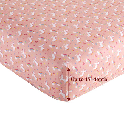 Kids Girls Printed 600 Thread Count Soft Deep Pocket Cotton Blend Percale All Season Bedding Sheet Set, Pink Unicorn Rainbow