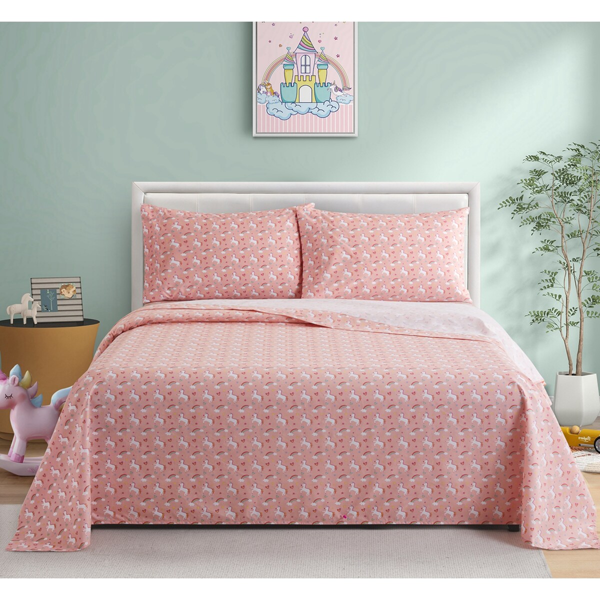 Kids Girls Printed 600 Thread Count Soft Deep Pocket Cotton Blend Percale All Season Bedding Sheet Set, Pink Unicorn Rainbow