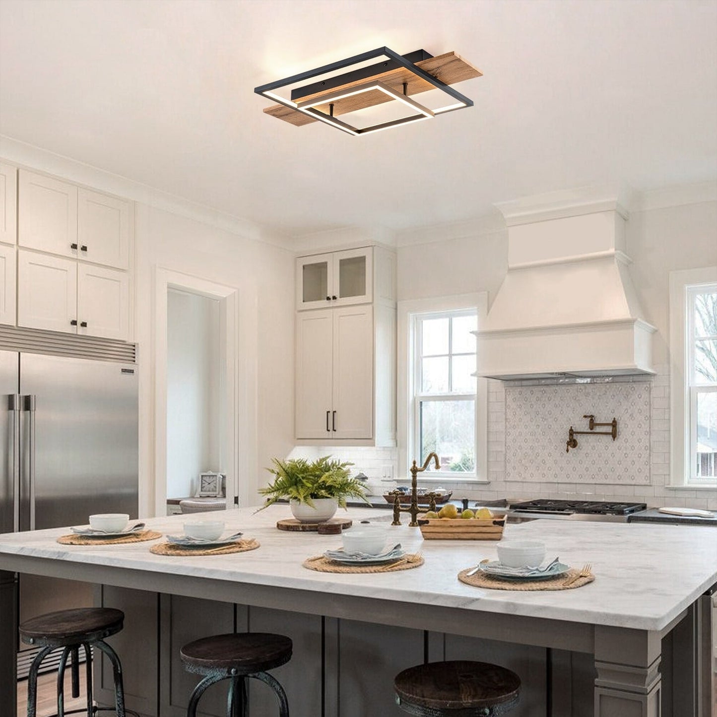 Integrated LED Rectangle Wood Semi Flush Mount Ceiling Light for Hallway Foyer