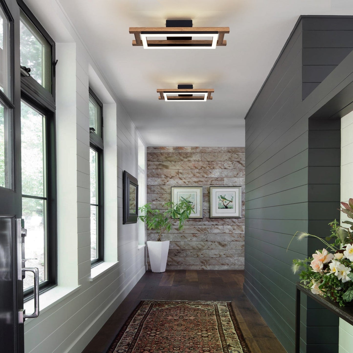 Integrated LED Rectangle Wood Semi Flush Mount Ceiling Light for Hallway Foyer