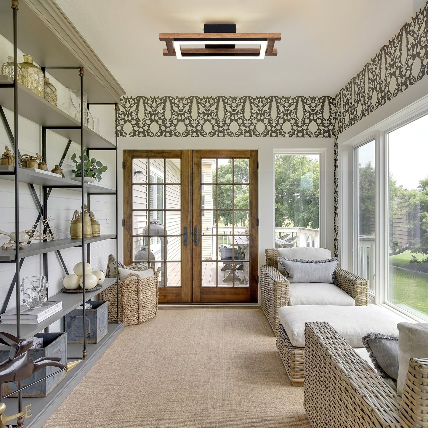 Integrated LED Rectangle Wood Semi Flush Mount Ceiling Light for Hallway Foyer