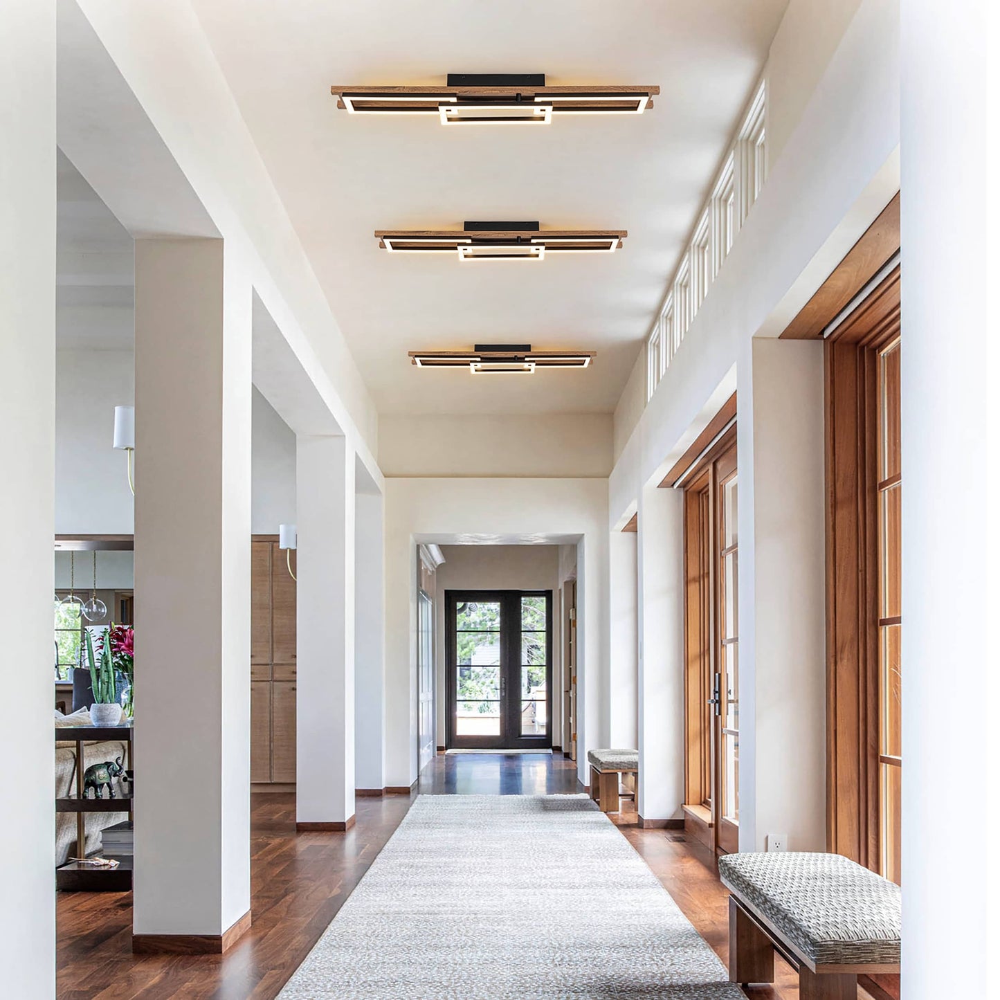 Integrated LED Rectangle Wood Semi Flush Mount Ceiling Light for Hallway Foyer