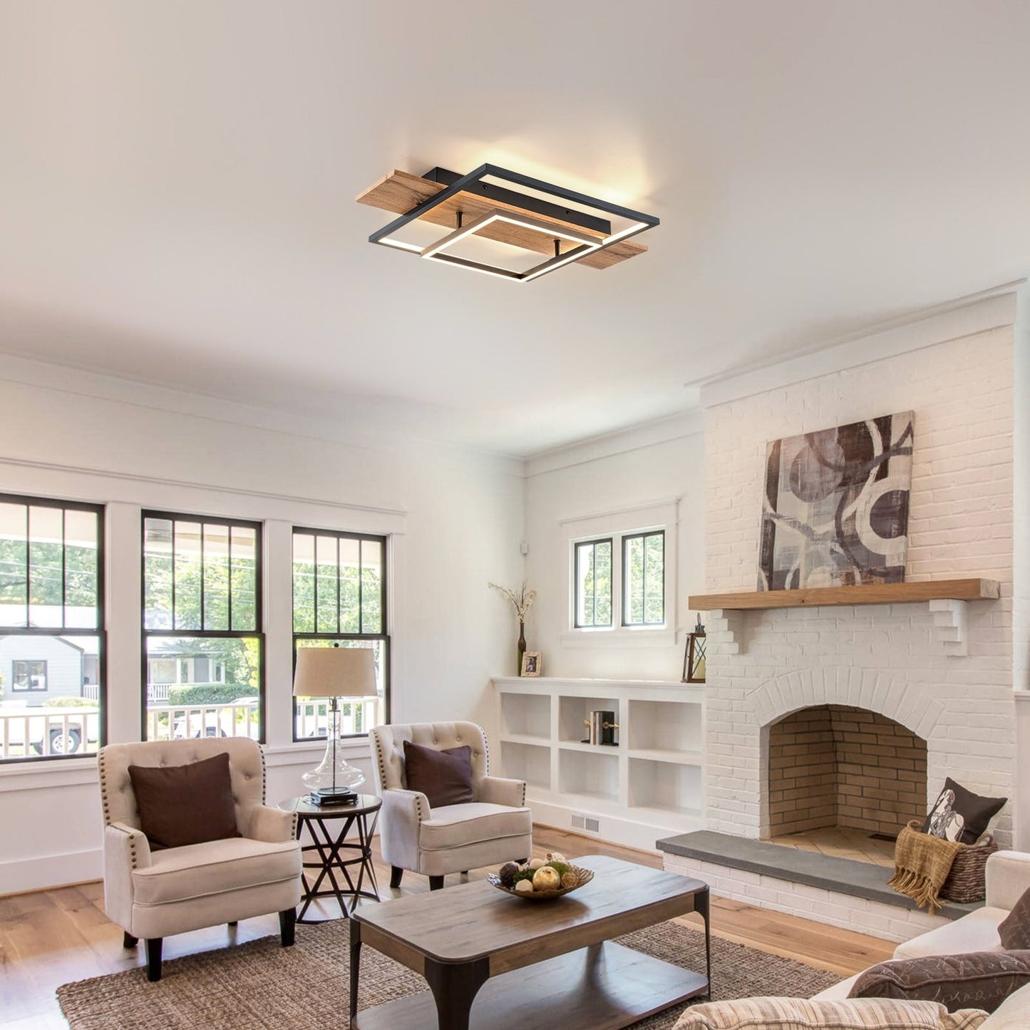 Integrated LED Rectangle Wood Semi Flush Mount Ceiling Light for Hallway Foyer