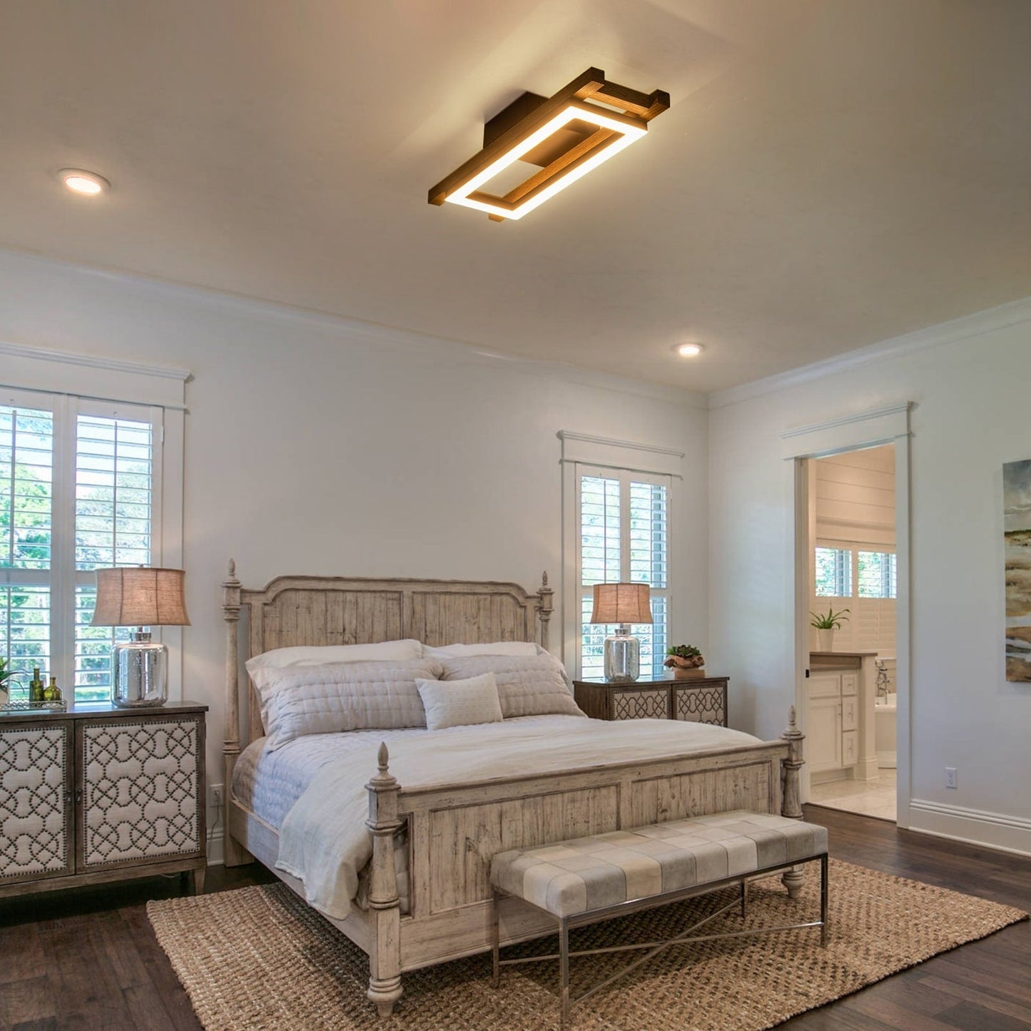 Integrated LED Rectangle Wood Semi Flush Mount Ceiling Light for Hallway Foyer