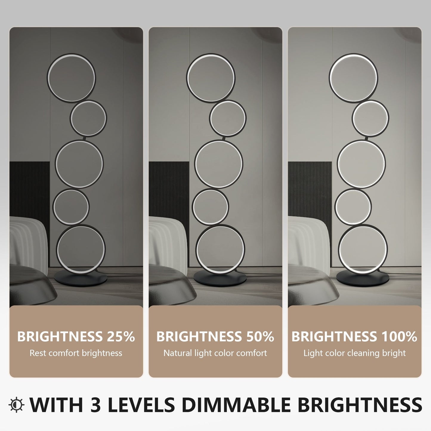 LED Modern Dimmable Floor Lamp, 3 Way Bright Corner Stand lamp with 5-Ring for Living Room