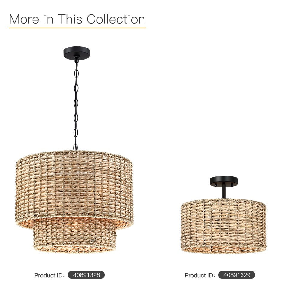 Lennie 13.6 in. 2-Light Natural Rattan Drum Semi-Flush Mount Ceiling Light - 13.6 in. W