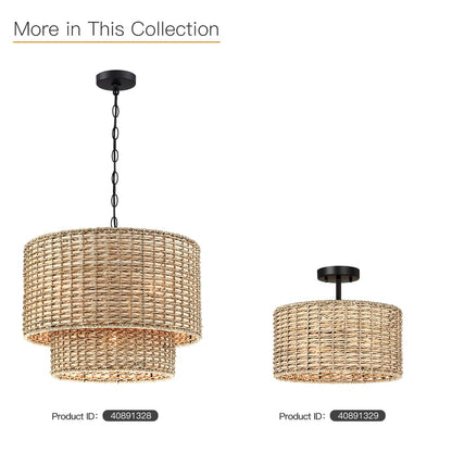 Lennie 13.6 in. 2-Light Natural Rattan Drum Semi-Flush Mount Ceiling Light - 13.6 in. W