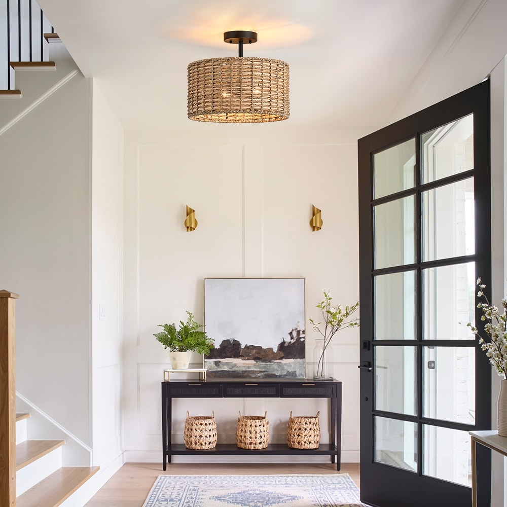 Lennie 13.6 in. 2-Light Natural Rattan Drum Semi-Flush Mount Ceiling Light - 13.6 in. W