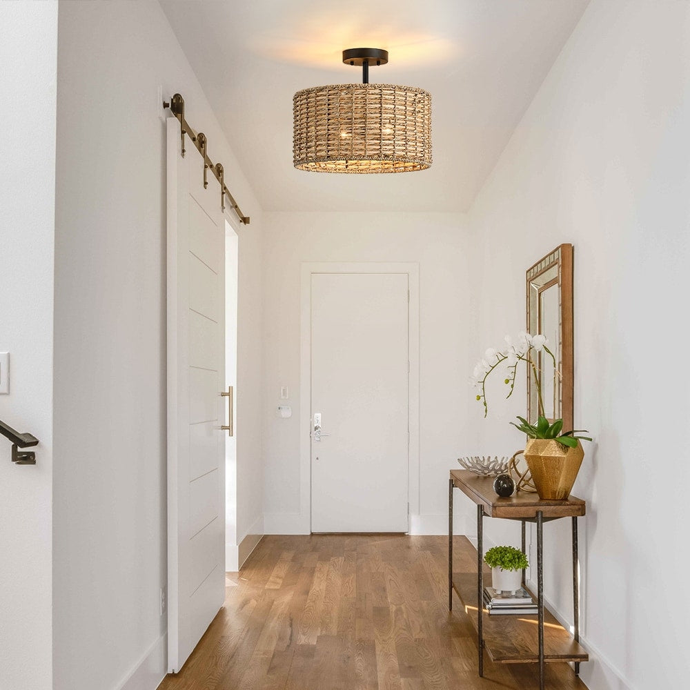 Lennie 13.6 in. 2-Light Natural Rattan Drum Semi-Flush Mount Ceiling Light - 13.6 in. W