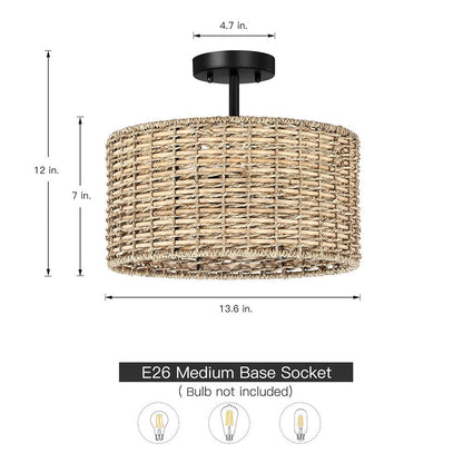 Lennie 13.6 in. 2-Light Natural Rattan Drum Semi-Flush Mount Ceiling Light - 13.6 in. W