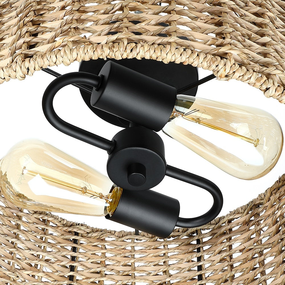 Lennie 13.6 in. 2-Light Natural Rattan Drum Semi-Flush Mount Ceiling Light - 13.6 in. W