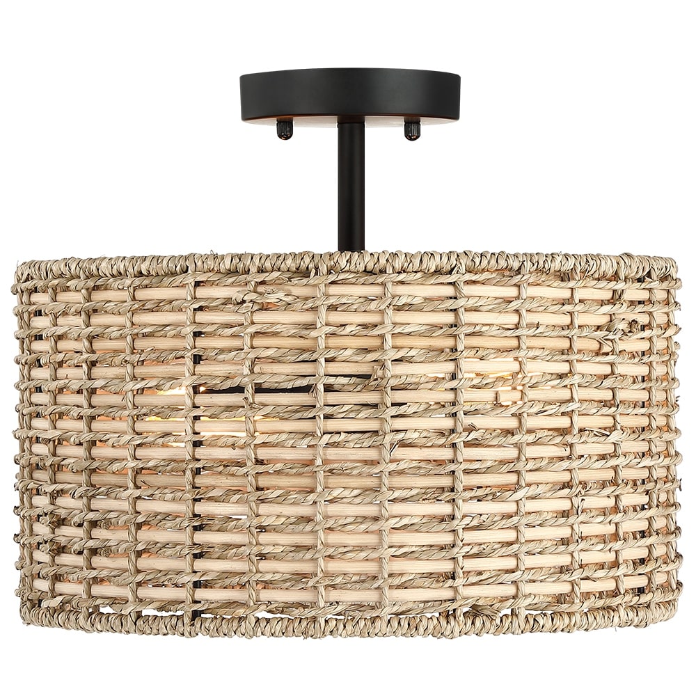 Lennie 13.6 in. 2-Light Natural Rattan Drum Semi-Flush Mount Ceiling Light - 13.6 in. W