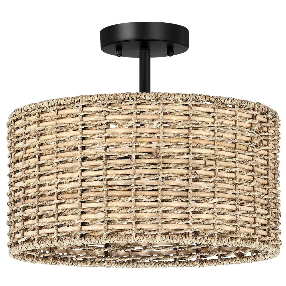 Lennie 13.6 in. 2-Light Natural Rattan Drum Semi-Flush Mount Ceiling Light - 13.6 in. W