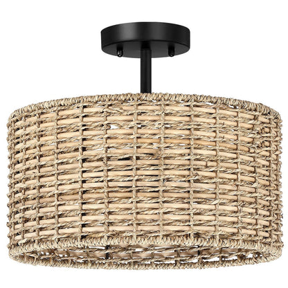 Lennie 13.6 in. 2-Light Natural Rattan Drum Semi-Flush Mount Ceiling Light - 13.6 in. W