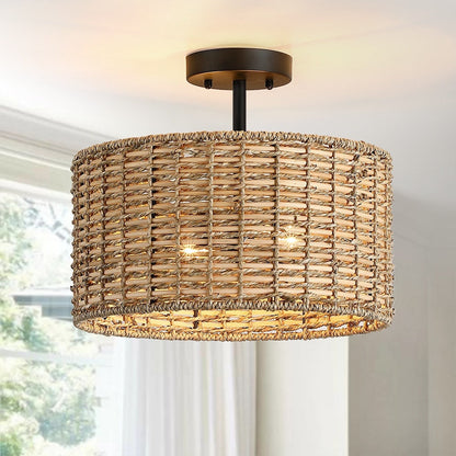 Lennie 13.6 in. 2-Light Natural Rattan Drum Semi-Flush Mount Ceiling Light - 13.6 in. W