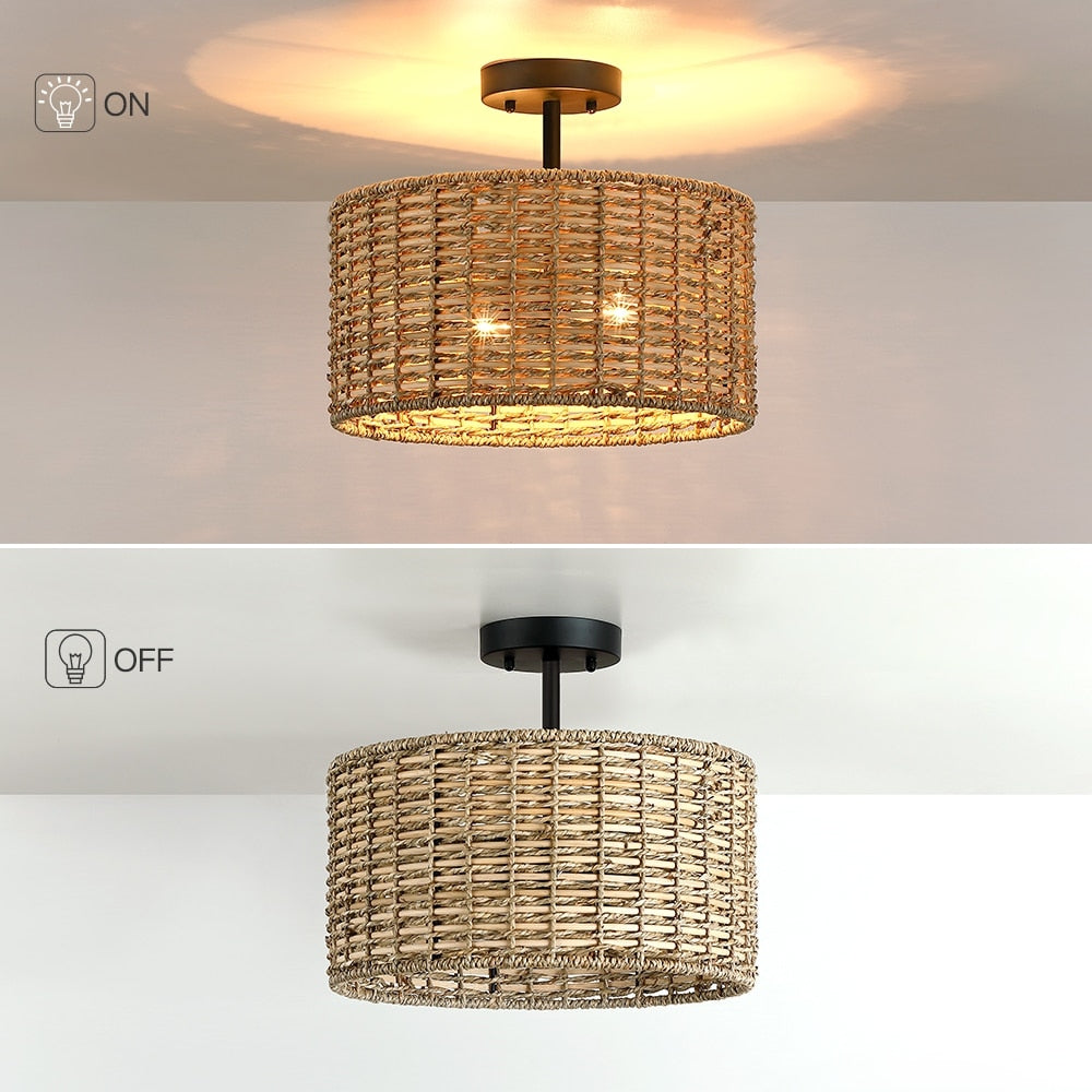Lennie 13.6 in. 2-Light Natural Rattan Drum Semi-Flush Mount Ceiling Light - 13.6 in. W