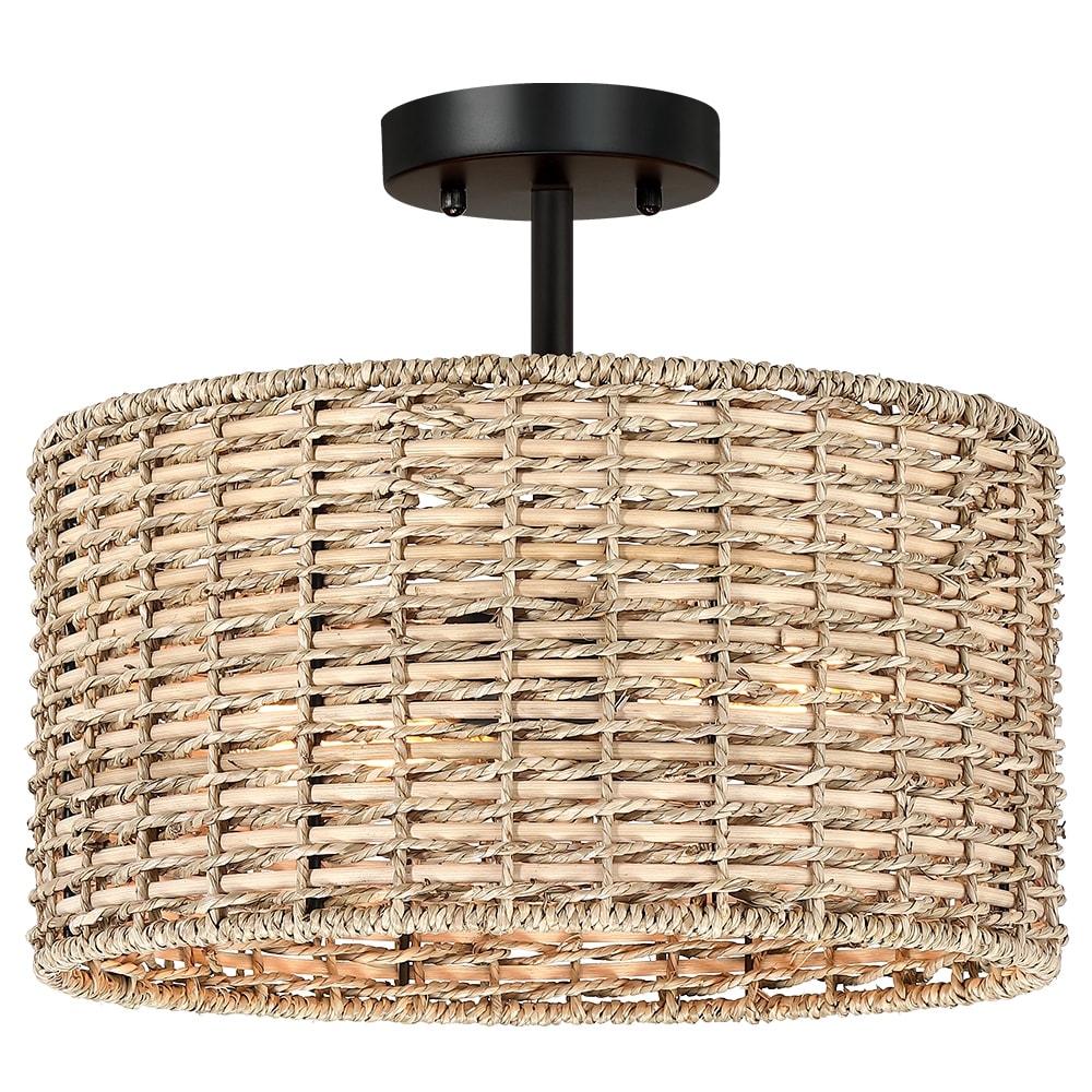 Lennie 13.6 in. 2-Light Natural Rattan Drum Semi-Flush Mount Ceiling Light - 13.6 in. W