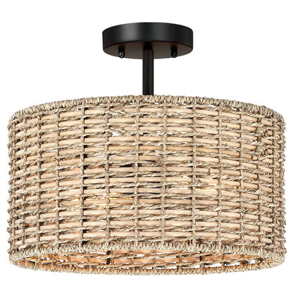 Lennie 13.6 in. 2-Light Natural Rattan Drum Semi-Flush Mount Ceiling Light - 13.6 in. W