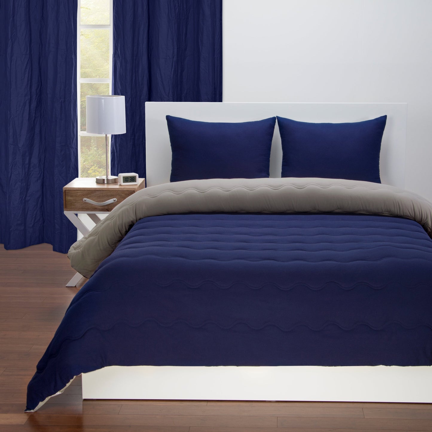 Deep Blue and Mushroom Grey Reversible Comforter Set