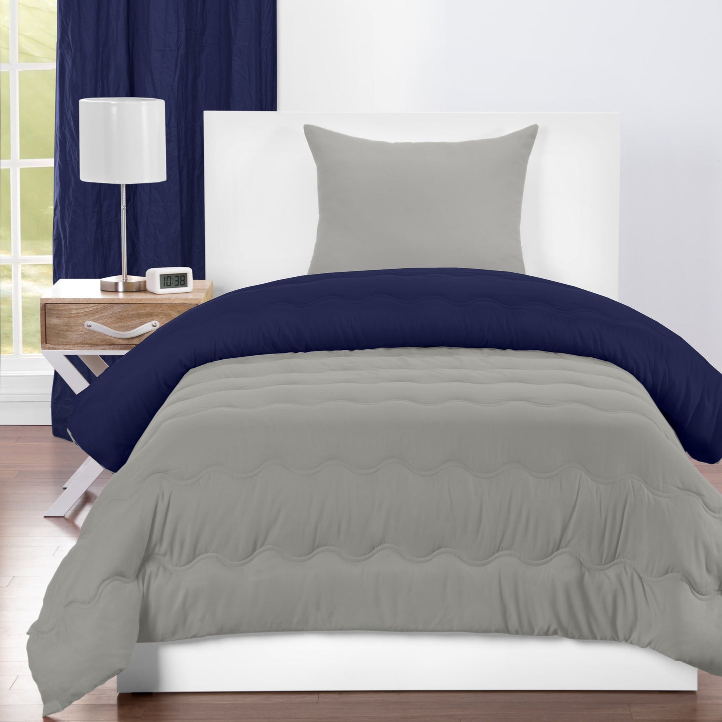 Deep Blue and Mushroom Grey Reversible Comforter Set