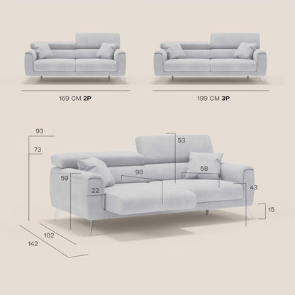 Caravaggio divano con sedute allungabili e poggiatesta reclinabili in tessuto impermeabile T02 grigio chiaro