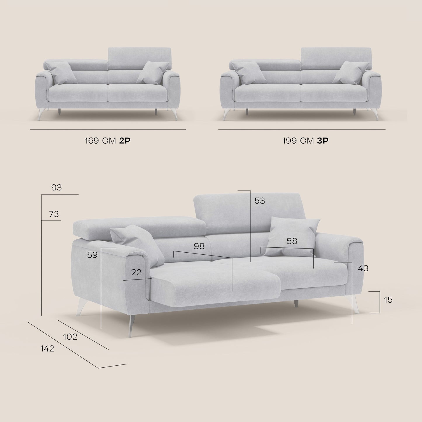 Caravaggio divano con sedute allungabili e poggiatesta reclinabili in tessuto impermeabile T02 nero