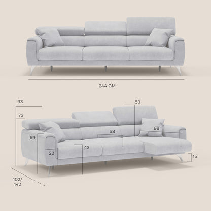 Divano Caravaggio con 3 sedute allungabili indipendenti e poggiatesta reclinabili in tessuto impermeabile T02 carta da zucchero