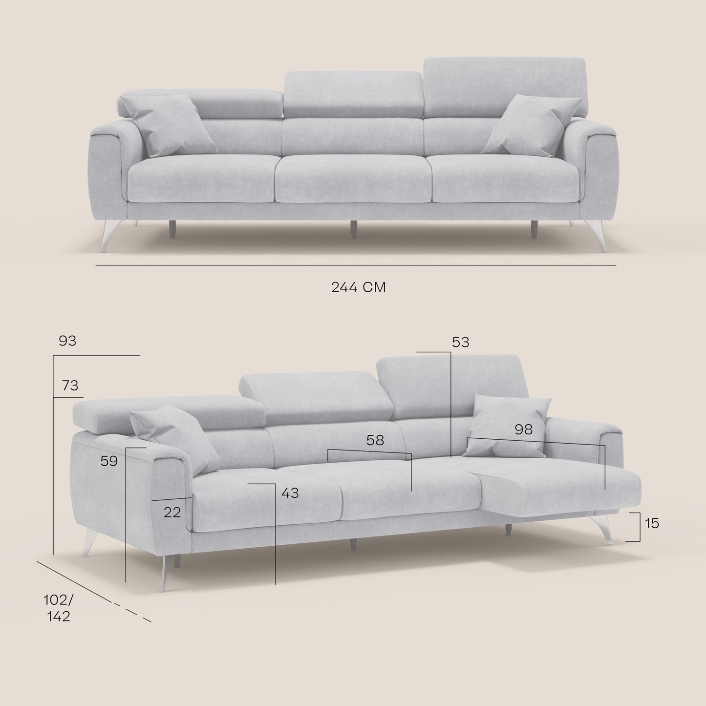Divano Caravaggio con 3 sedute allungabili indipendenti e poggiatesta reclinabili in tessuto impermeabile T02 petrolio