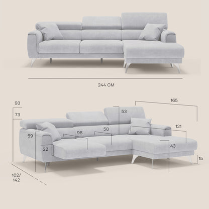 Caravaggio Divano angolare con sedute scorrevoli in tessuto morbido impermeabile T02 grigio chiaro